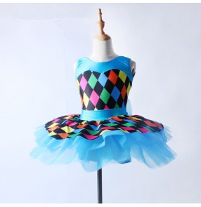 Blu turquoise rainbow plaid girls kids children competition leotards stage performance tutu skirt ballet dance dresses outfits